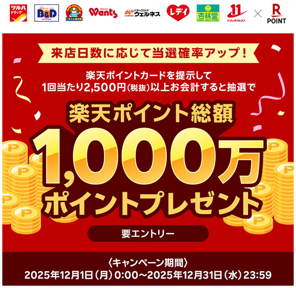 来店日数に応じて当選確率アップ!楽天ポイント総額1,000万ポイントプレゼント!12月1日～12月31日new-1