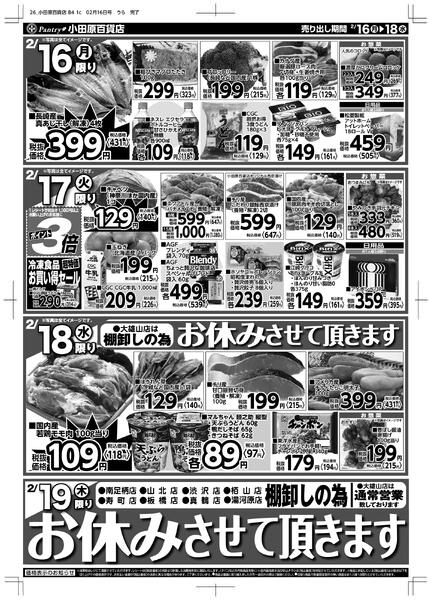 【全店舗共通チラシ】2/16（月）～ 2/18（水）2月18日（水）大雄山店は、棚卸の為お休み致します。2月19日（木）大雄山店以外、棚卸の為お休み致します。  new-2