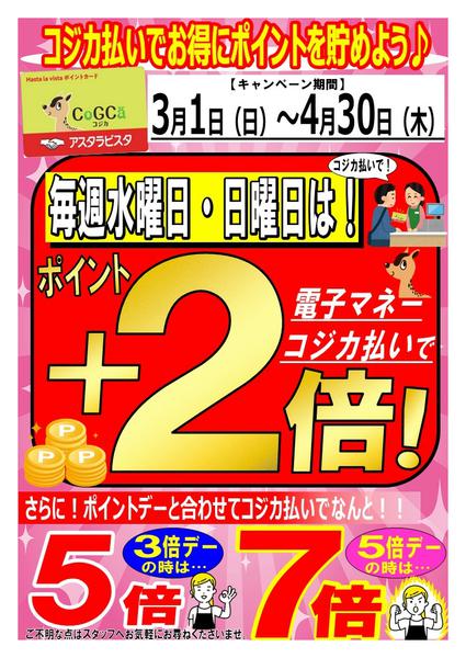 2026年3月1日〜4月29日まで電子マネーコジカ支払いでポイント+2倍！-1