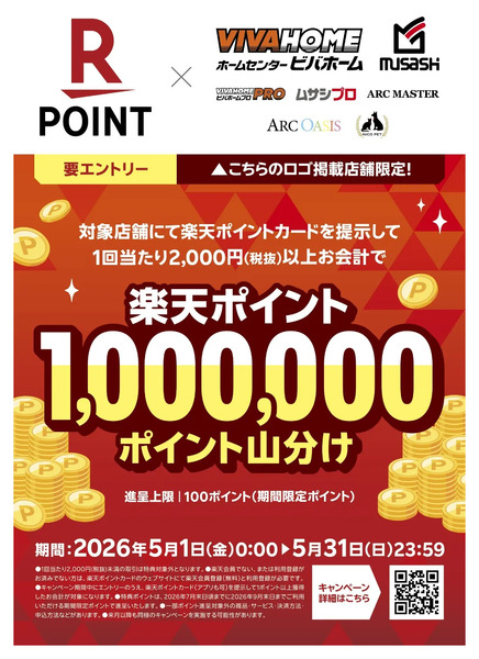 【楽天ポイント】1,000,000ポイント山分けキャンペーン(進呈上限100ポイント)5月1日～5月31日new-1