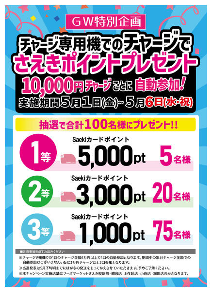 ＧＷ特別企画！！　チャージ専用機限定　ポイントプレゼント（5/6まで）-1