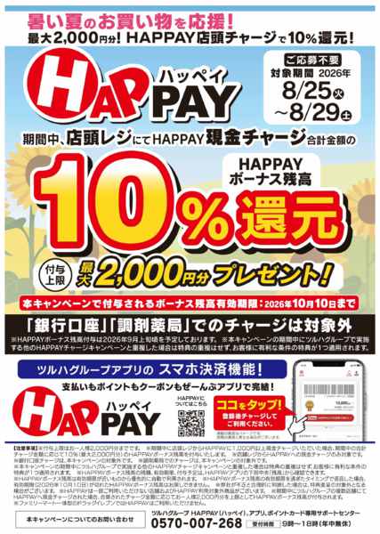 2026年8月25日〜29日までHAPPAY店頭チャージCP-1