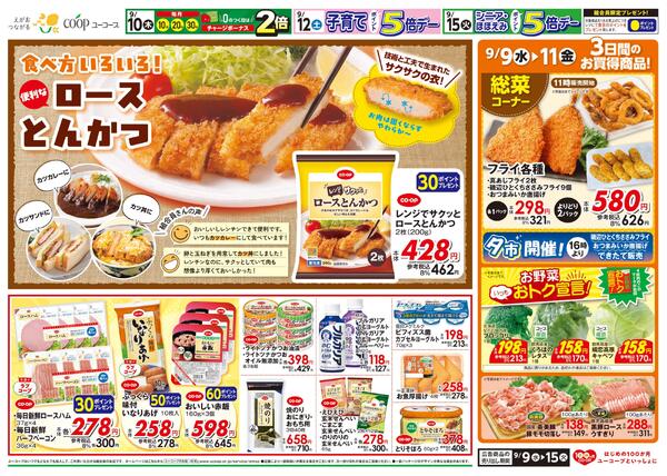 食べ方いろいろ！便利なロースとんかつ　9/9～9/13塩・砂糖１０％引　9/12子育てポイント５倍デー　9/15シニア・ほほえみポイント５倍デー-2