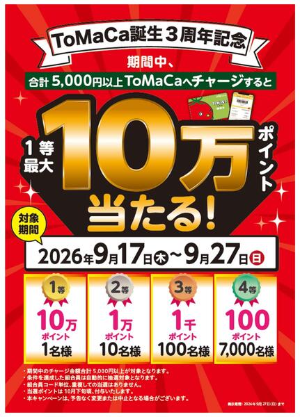 【予告】最大10万ポイント当たる！トマカ3周年キャンペーン-1