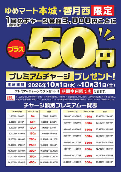 2026年10月1日〜31日まで50円のプレミアムチャージプレゼント-1